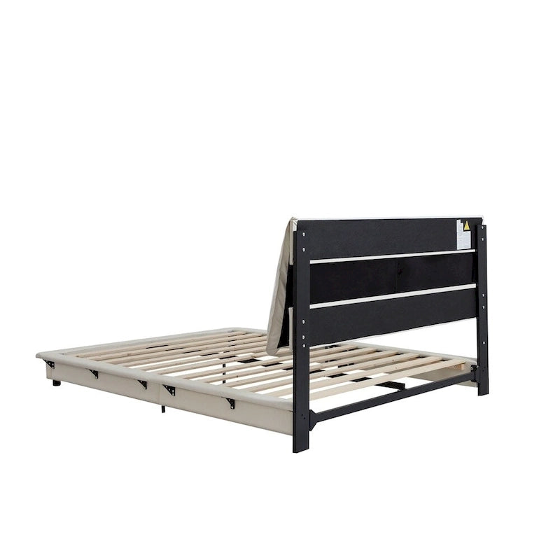 Lit plateforme rembourré avec lumière LED à capteur et dossier ergonomique matelassé Noir Blanc