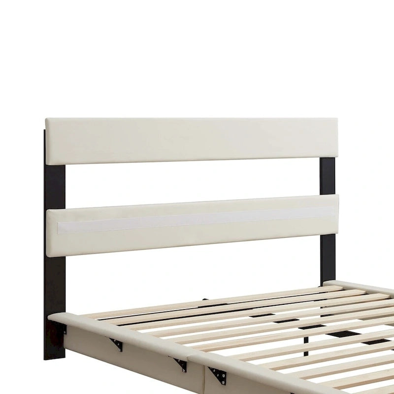 Lit plateforme rembourré avec lumière LED à capteur et dossier ergonomique matelassé Noir Blanc