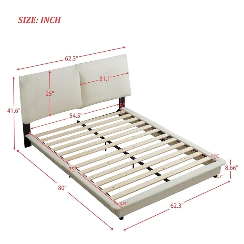 Lit plateforme rembourré avec lumière LED à capteur et dossier ergonomique matelassé Noir Blanc
