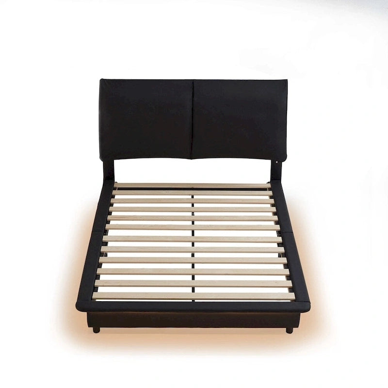 Lit plateforme rembourré avec lumière LED à capteur et dossier ergonomique matelassé Noir Blanc