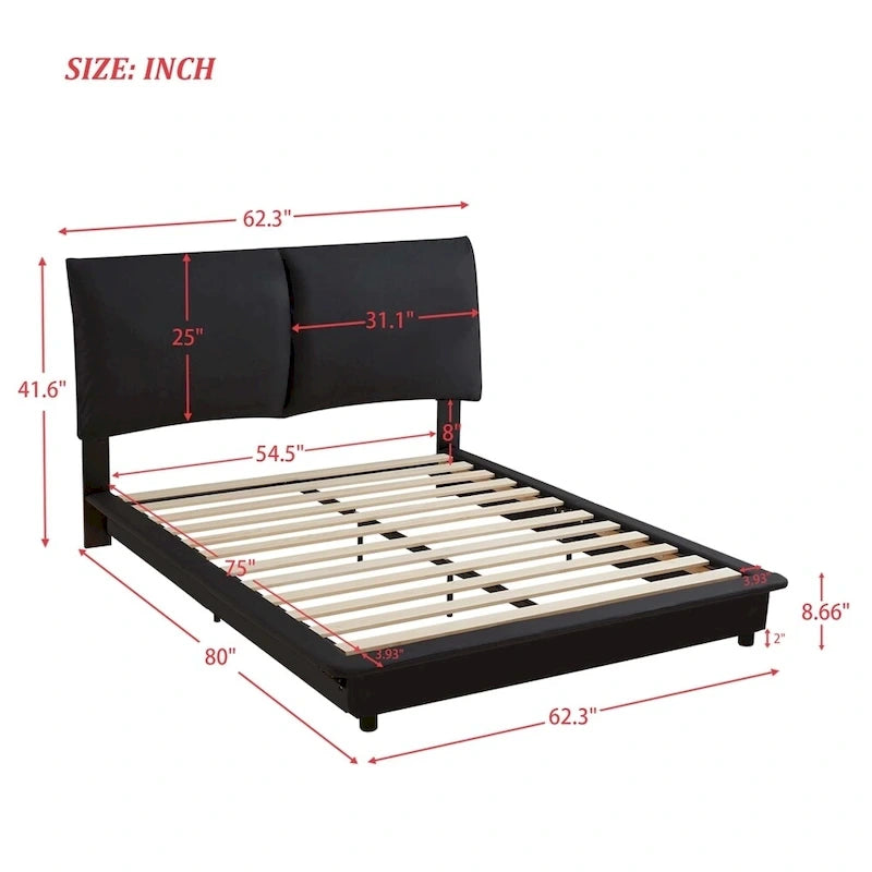 Lit plateforme rembourré avec lumière LED à capteur et dossier ergonomique matelassé Noir Blanc