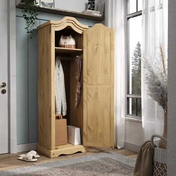 Armoire de hall en pin massif à une porte avec quincaillerie en métal, brun antique