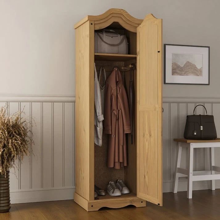 Armoire de hall en pin massif à une porte avec quincaillerie en métal, brun antique