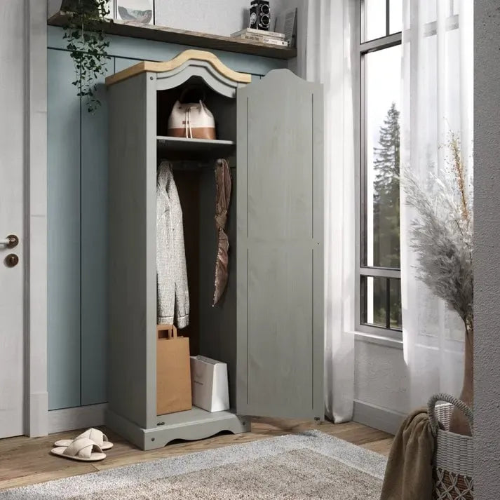 Armoire de hall en pin massif à une porte avec quincaillerie en métal, brun antique