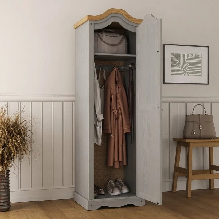 Armoire de hall en pin massif à une porte avec quincaillerie en métal, brun antique