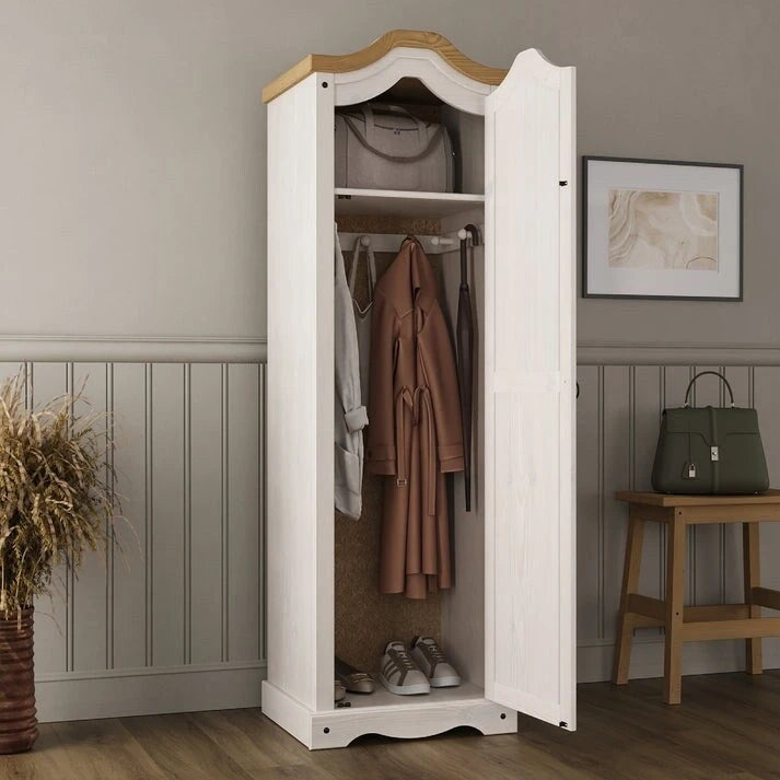 Armoire de hall en pin massif à une porte avec quincaillerie en métal, brun antique