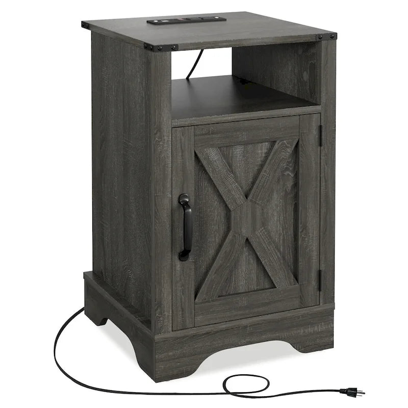 Farmhouse Nightstand with Charging Station and Barn Door