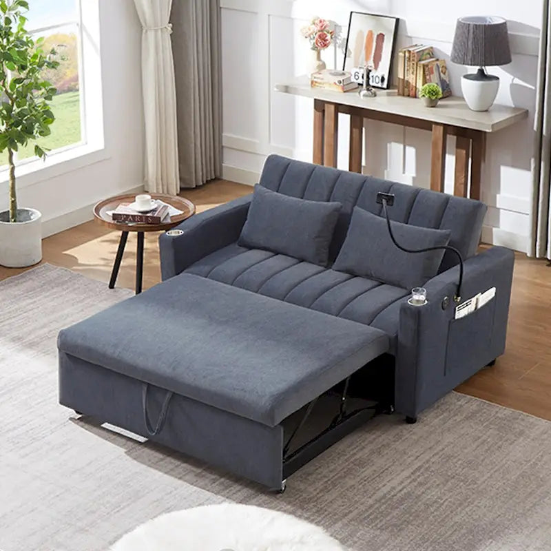 Canapé-Lit Convertible avec Ports USB et Poches de Rangement Beige