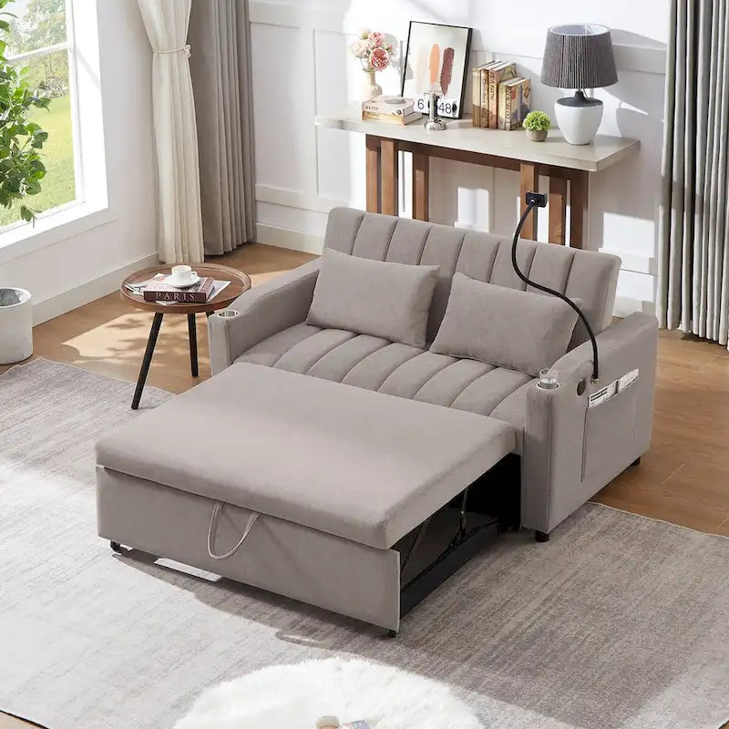 Canapé-Lit Convertible avec Ports USB et Poches de Rangement Beige