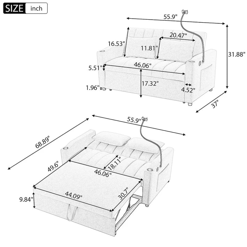 Canapé-Lit Convertible avec Ports USB et Poches de Rangement Beige