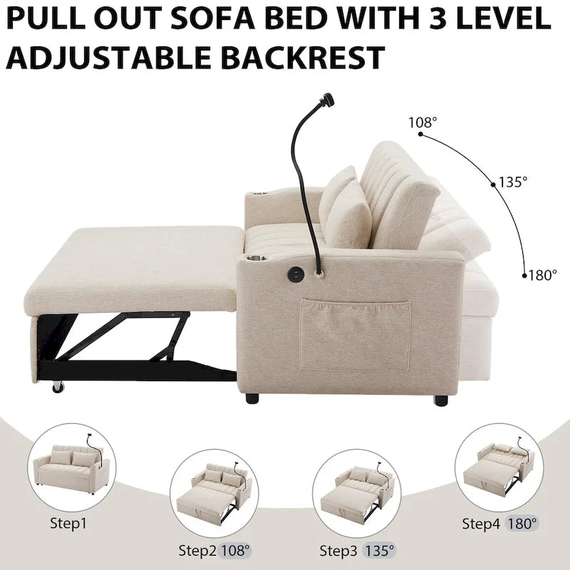 Canapé-Lit Convertible avec Ports USB et Poches de Rangement Beige