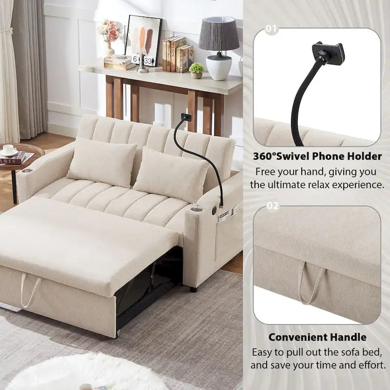 Canapé-Lit Convertible avec Ports USB et Poches de Rangement Beige