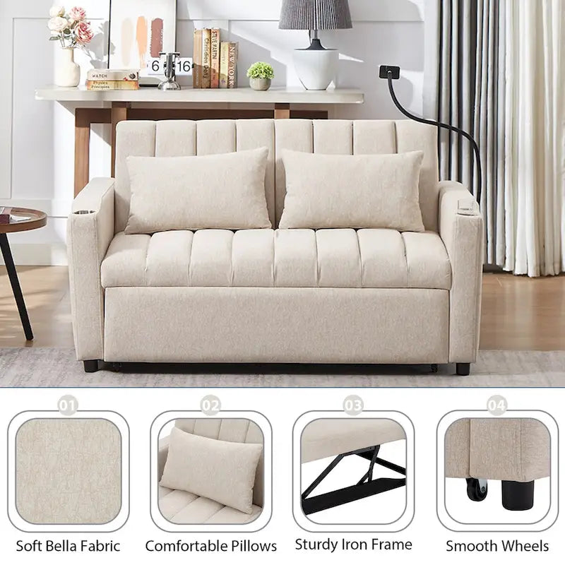 Canapé-Lit Convertible avec Ports USB et Poches de Rangement Beige