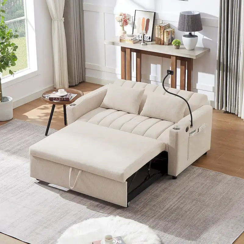 Canapé-Lit Convertible avec Ports USB et Poches de Rangement Beige