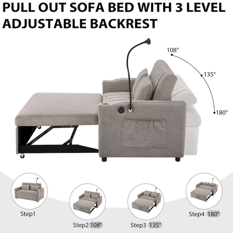 Canapé-Lit Convertible avec Ports USB et Poches de Rangement Beige