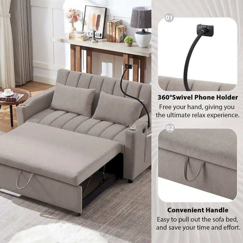 Canapé-Lit Convertible avec Ports USB et Poches de Rangement Beige