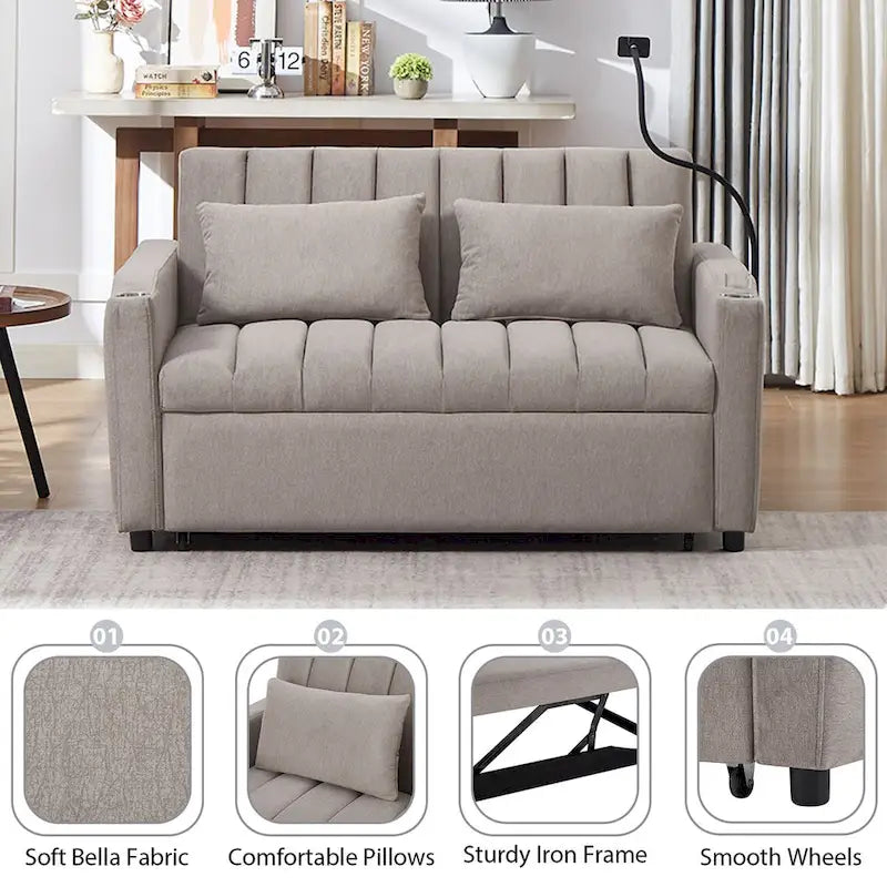 Canapé-Lit Convertible avec Ports USB et Poches de Rangement Beige