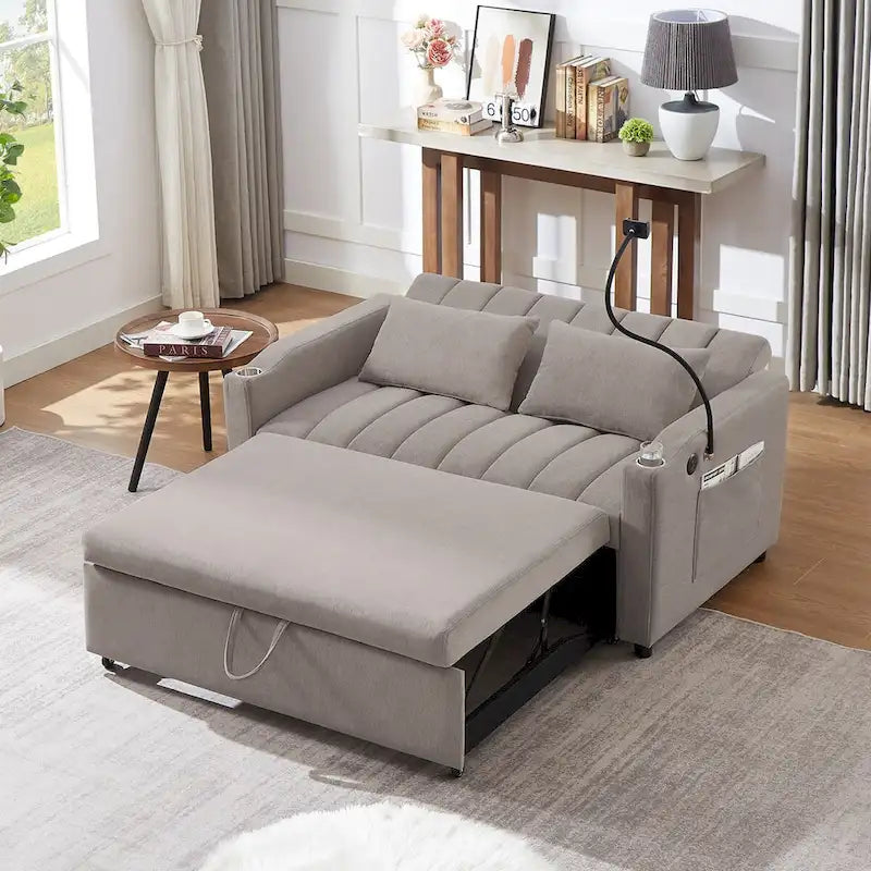 Canapé-Lit Convertible avec Ports USB et Poches de Rangement Beige