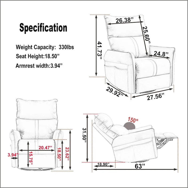 Fauteuil inclinable, pivotant et basculant 270 avec ports de chargement USB
