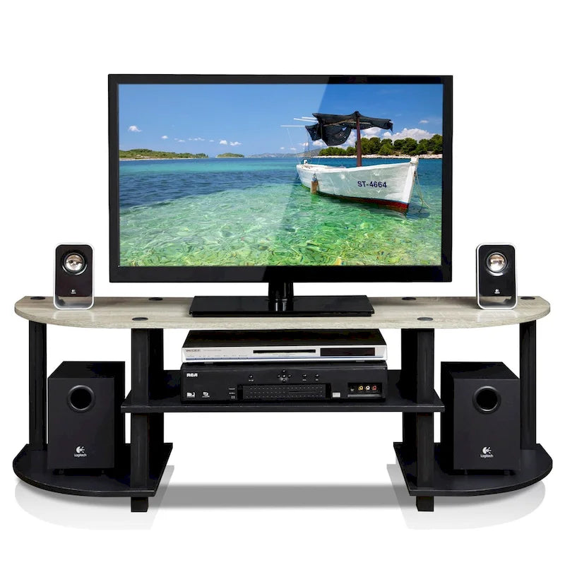 Meuble TV large avec étagères ouvertes, centre de divertissement, plusieurs options de couleur