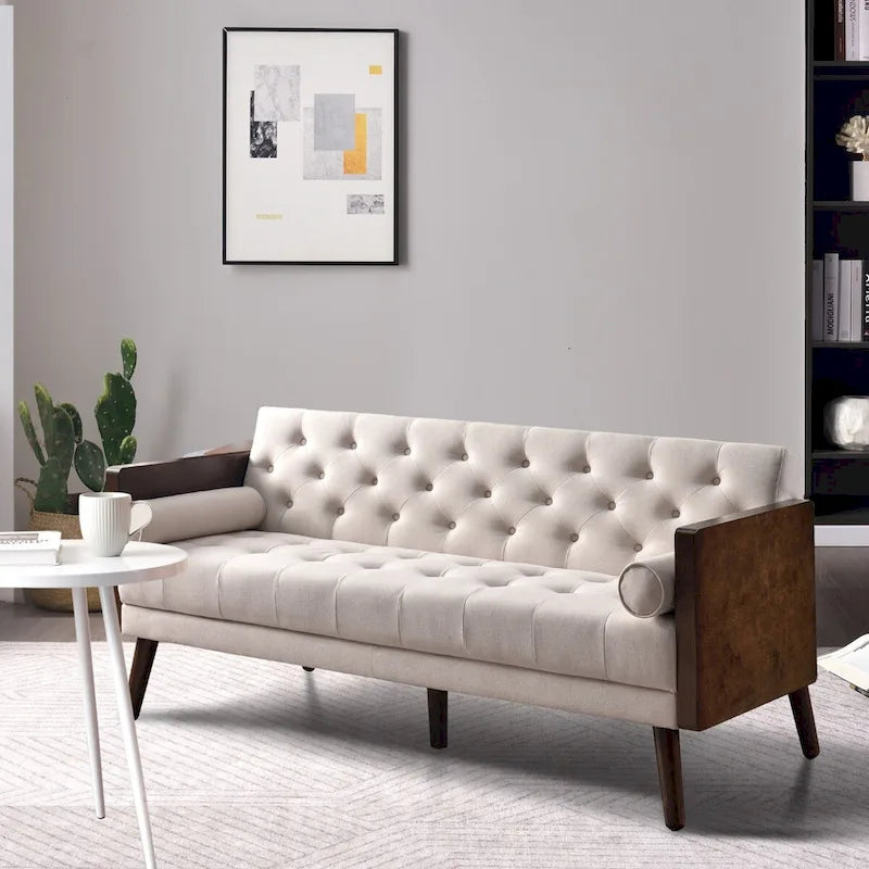 Canapé-lit futon convertible en chenille touffetée beige avec accoudoirs en bois