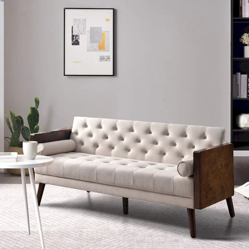 Canapé-lit futon convertible en chenille touffetée beige avec accoudoirs en bois