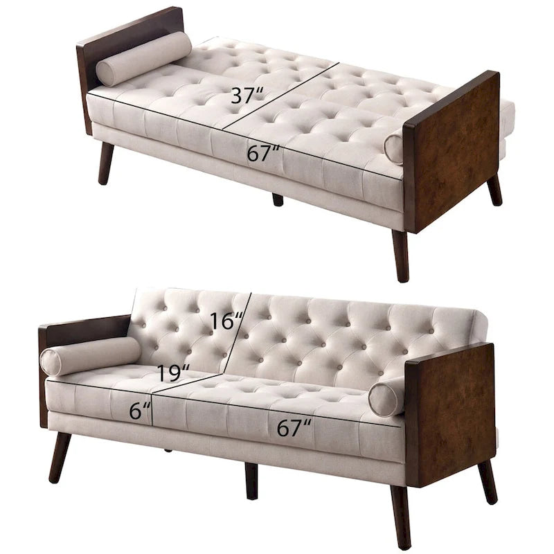 Canapé-lit futon convertible en chenille touffetée beige avec accoudoirs en bois