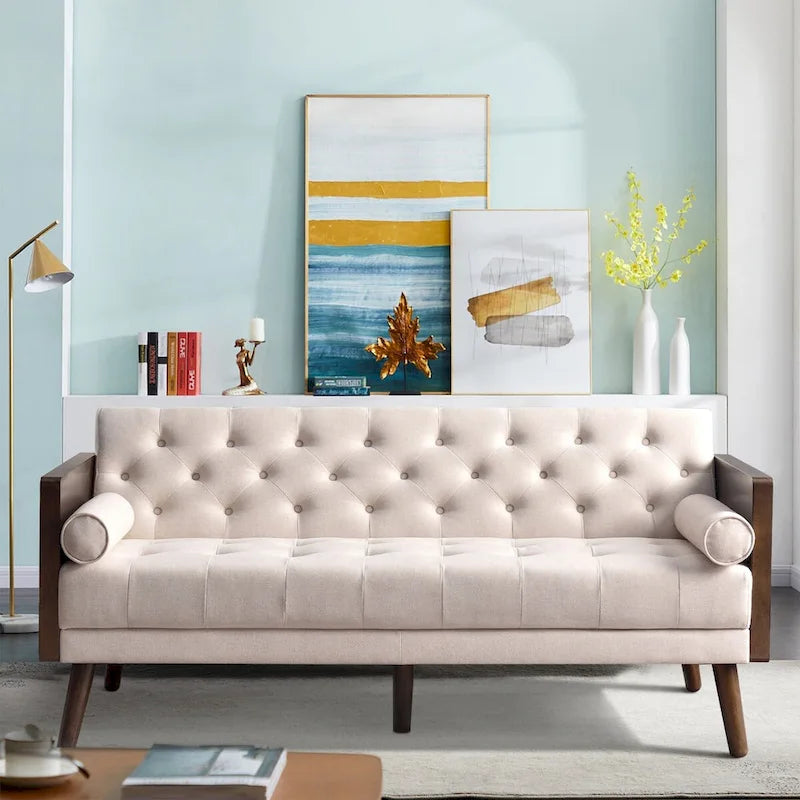 Canapé-lit futon convertible en chenille touffetée beige avec accoudoirs en bois
