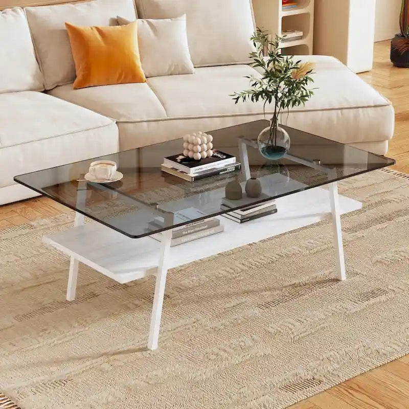 Table basse rectangulaire en verre trempé avec étagère en MDF et pieds en métal