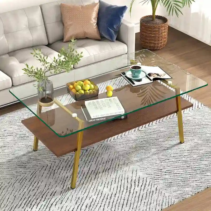 Table basse rectangulaire en verre trempé avec étagère en MDF et pieds en métal