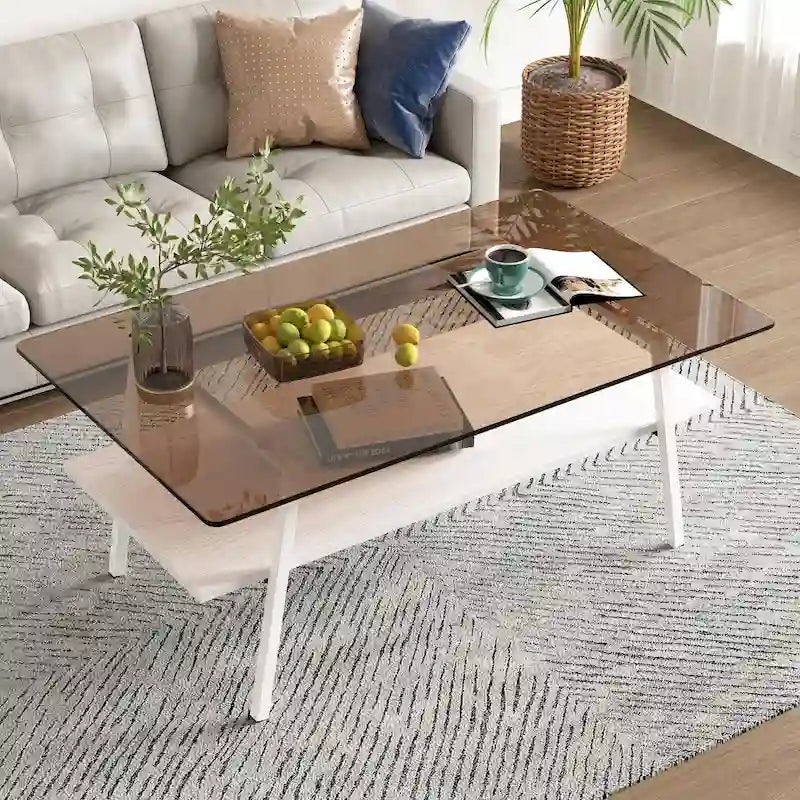 Table basse rectangulaire en verre trempé avec étagère en MDF et pieds en métal