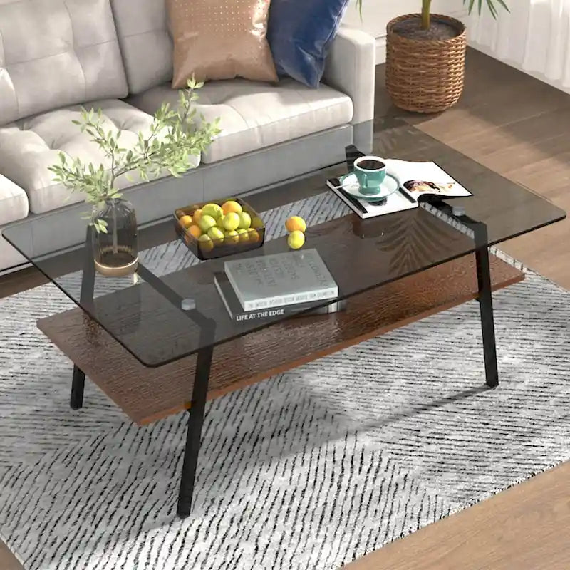 Table basse rectangulaire en verre trempé avec étagère en MDF et pieds en métal
