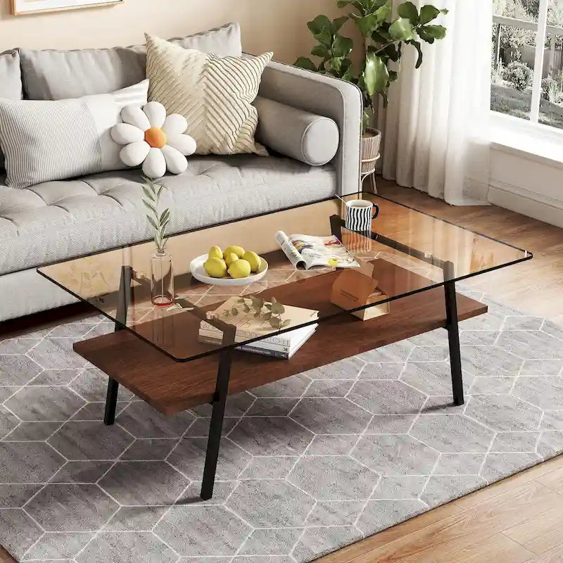 Table basse rectangulaire en verre trempé avec étagère en MDF et pieds en métal