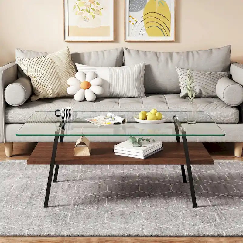 Table basse rectangulaire en verre trempé avec étagère en MDF et pieds en métal