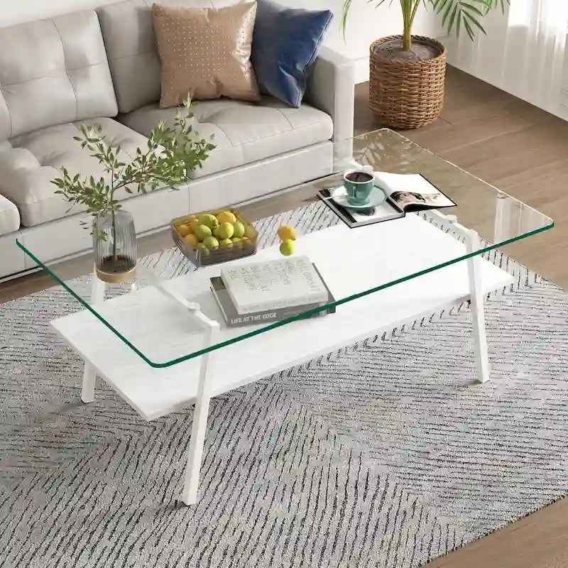 Table basse rectangulaire en verre trempé avec étagère en MDF et pieds en métal