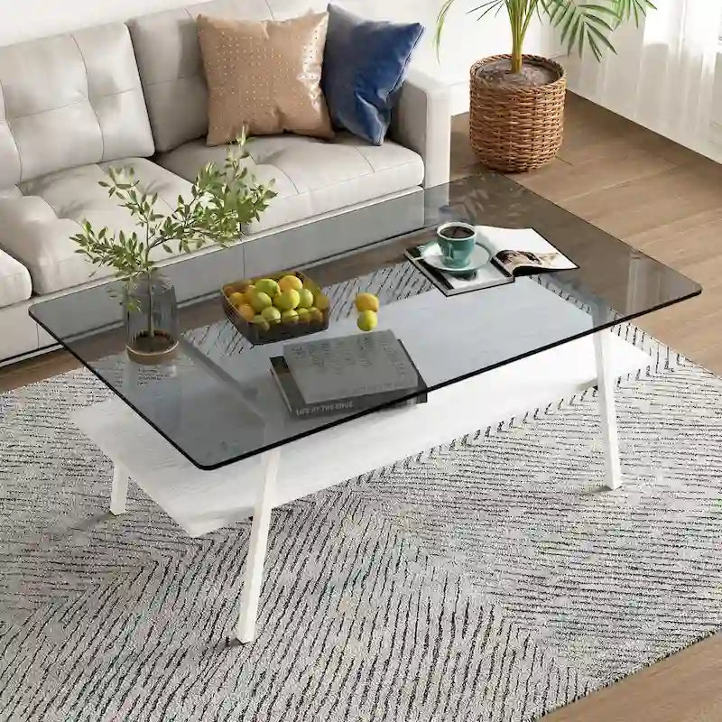 Table basse rectangulaire en verre trempé avec étagère en MDF et pieds en métal