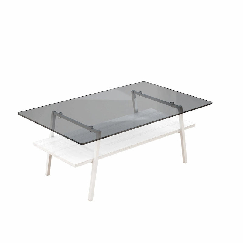 Table basse rectangulaire en verre trempé avec étagère en MDF et pieds en métal
