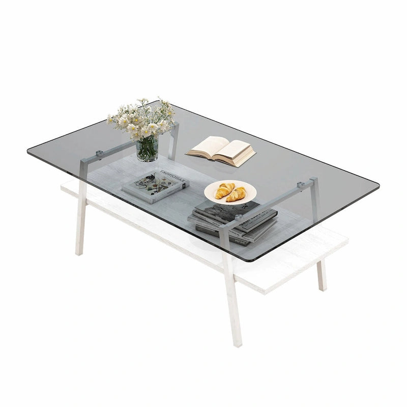 Table basse rectangulaire en verre trempé avec étagère en MDF et pieds en métal