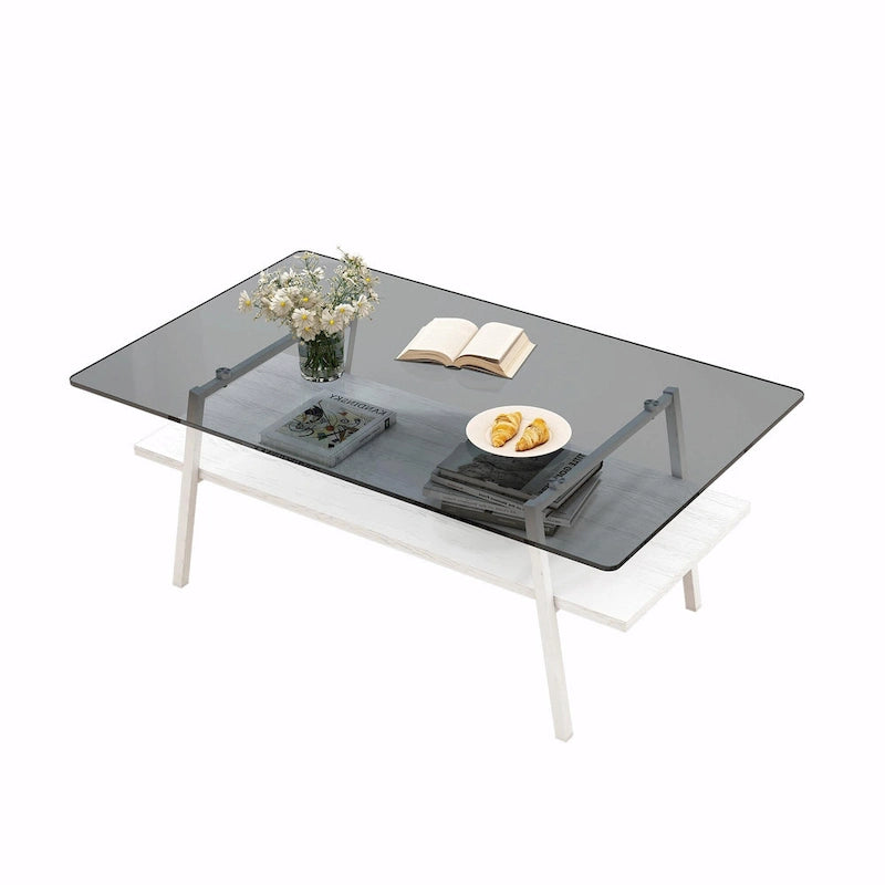 Table basse rectangulaire en verre trempé avec étagère en MDF et pieds en métal