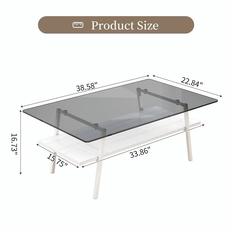 Table basse rectangulaire en verre trempé avec étagère en MDF et pieds en métal