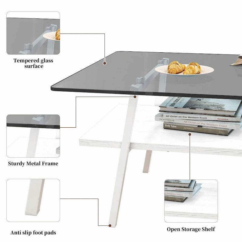 Table basse rectangulaire en verre trempé avec étagère en MDF et pieds en métal