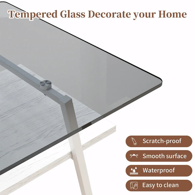 Table basse rectangulaire en verre trempé avec étagère en MDF et pieds en métal