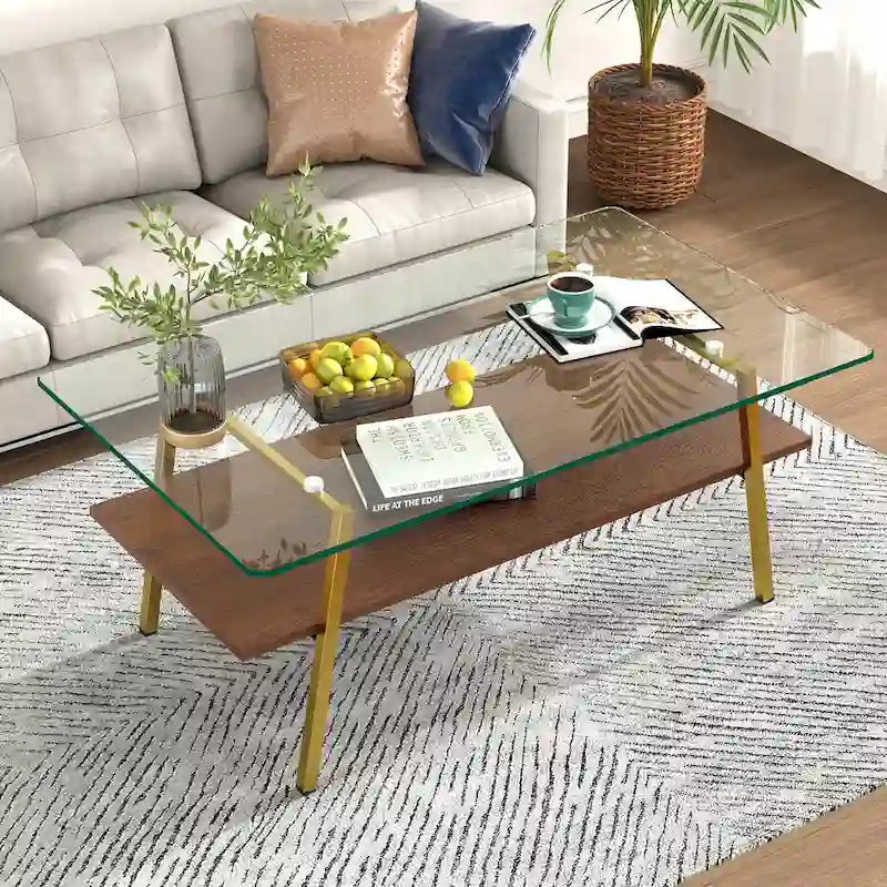 Table basse rectangulaire en verre trempé avec étagère en MDF et pieds en métal