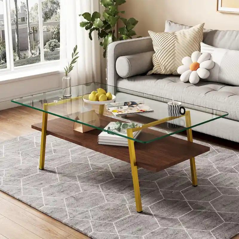 Table basse rectangulaire en verre trempé avec étagère en MDF et pieds en métal