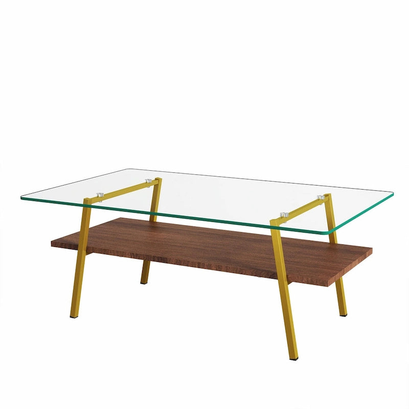 Table basse rectangulaire en verre trempé avec étagère en MDF et pieds en métal