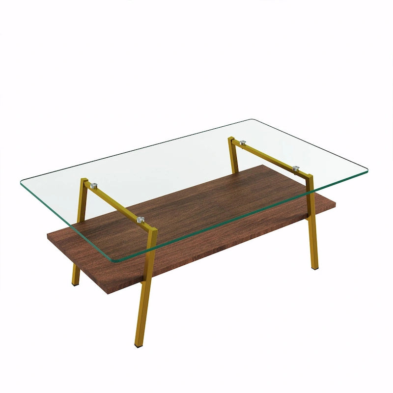 Table basse rectangulaire en verre trempé avec étagère en MDF et pieds en métal