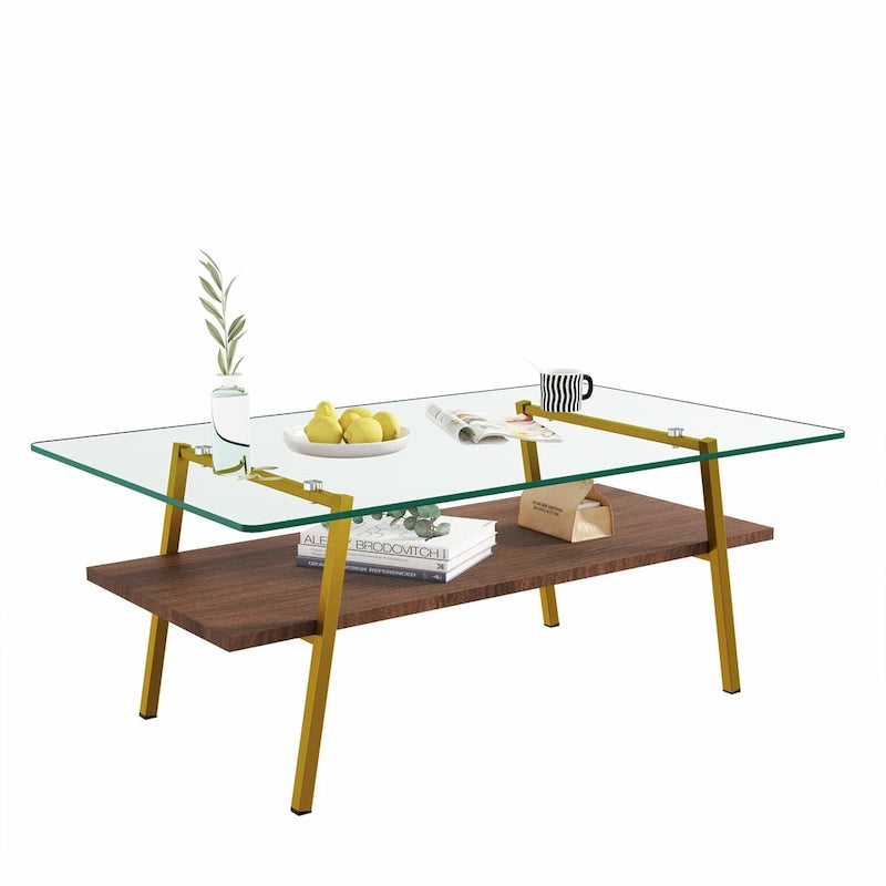 Table basse rectangulaire en verre trempé avec étagère en MDF et pieds en métal