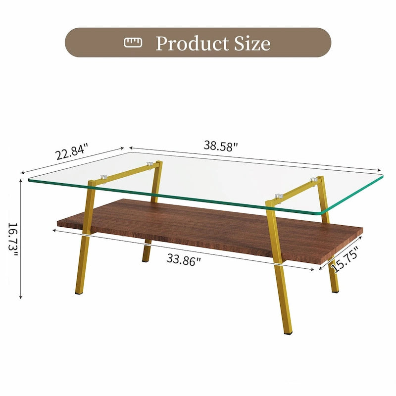 Table basse rectangulaire en verre trempé avec étagère en MDF et pieds en métal