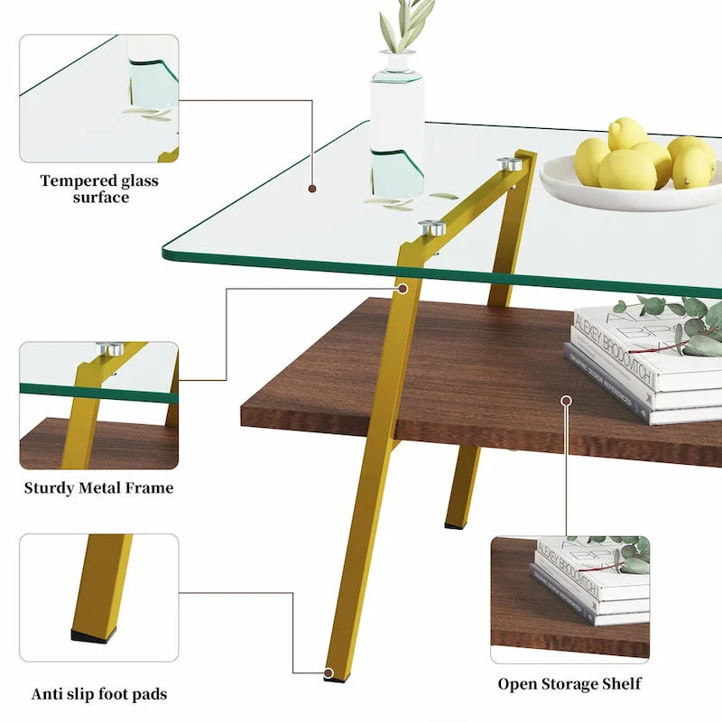 Table basse rectangulaire en verre trempé avec étagère en MDF et pieds en métal