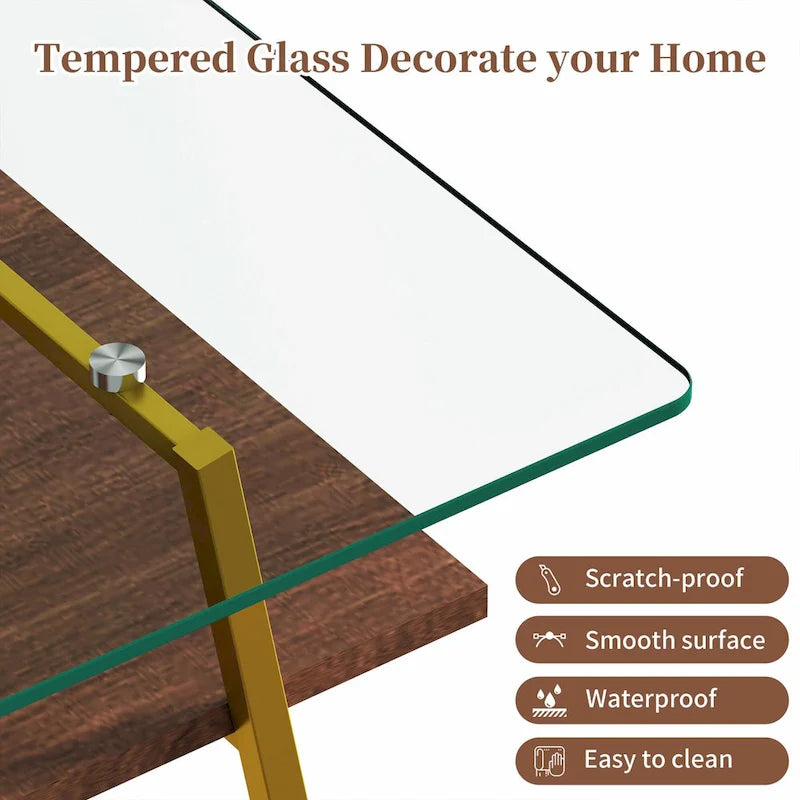Table basse rectangulaire en verre trempé avec étagère en MDF et pieds en métal